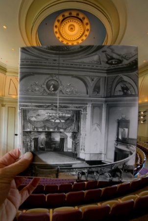New / Old photo of Washington Hall Mainstage Theatre, university of notre Dame